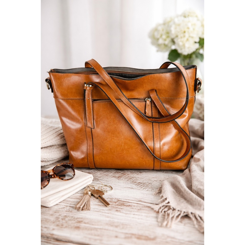 Kattee Leather Tote Bag Saddle Brown Shoulder Handbag Work Purse Distressed Boho